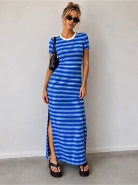 Blue Stripe Bodycon Maxi Dress Y2K 90s 00s Stretch Side Slit Fitted Medium